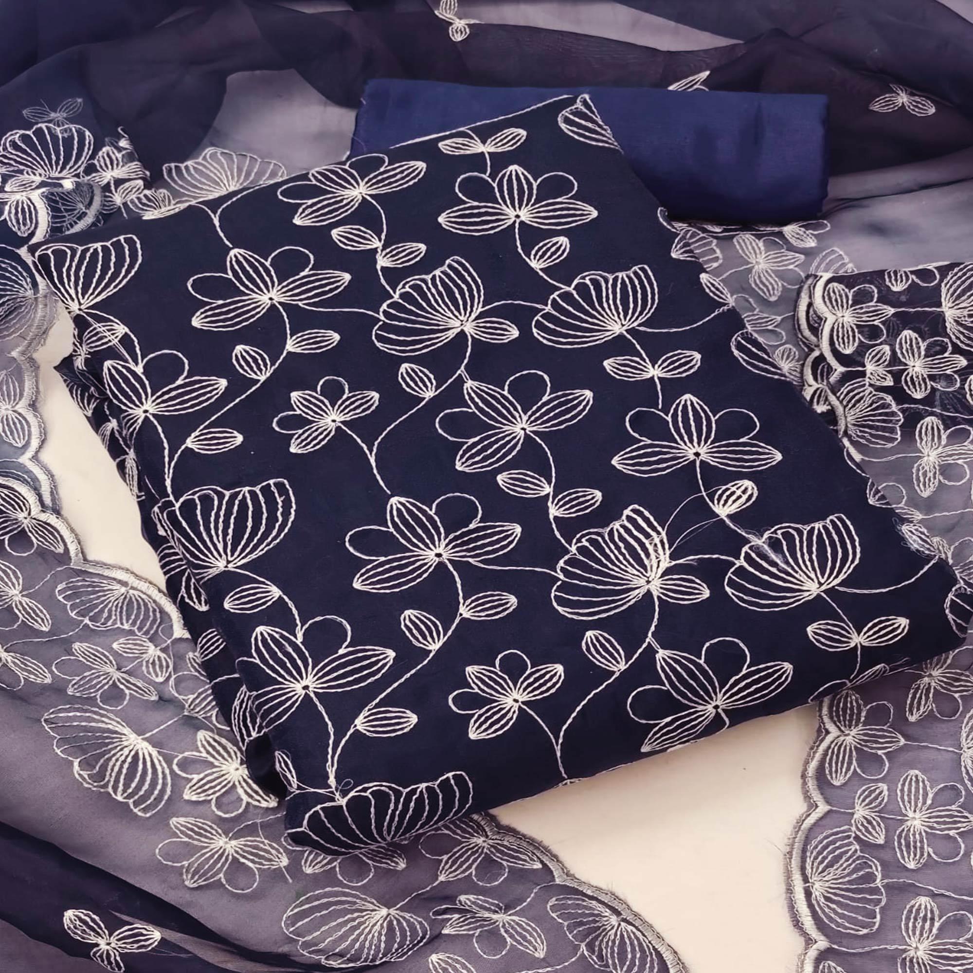 Navy Blue Floral Embroidered Organza Dress Material