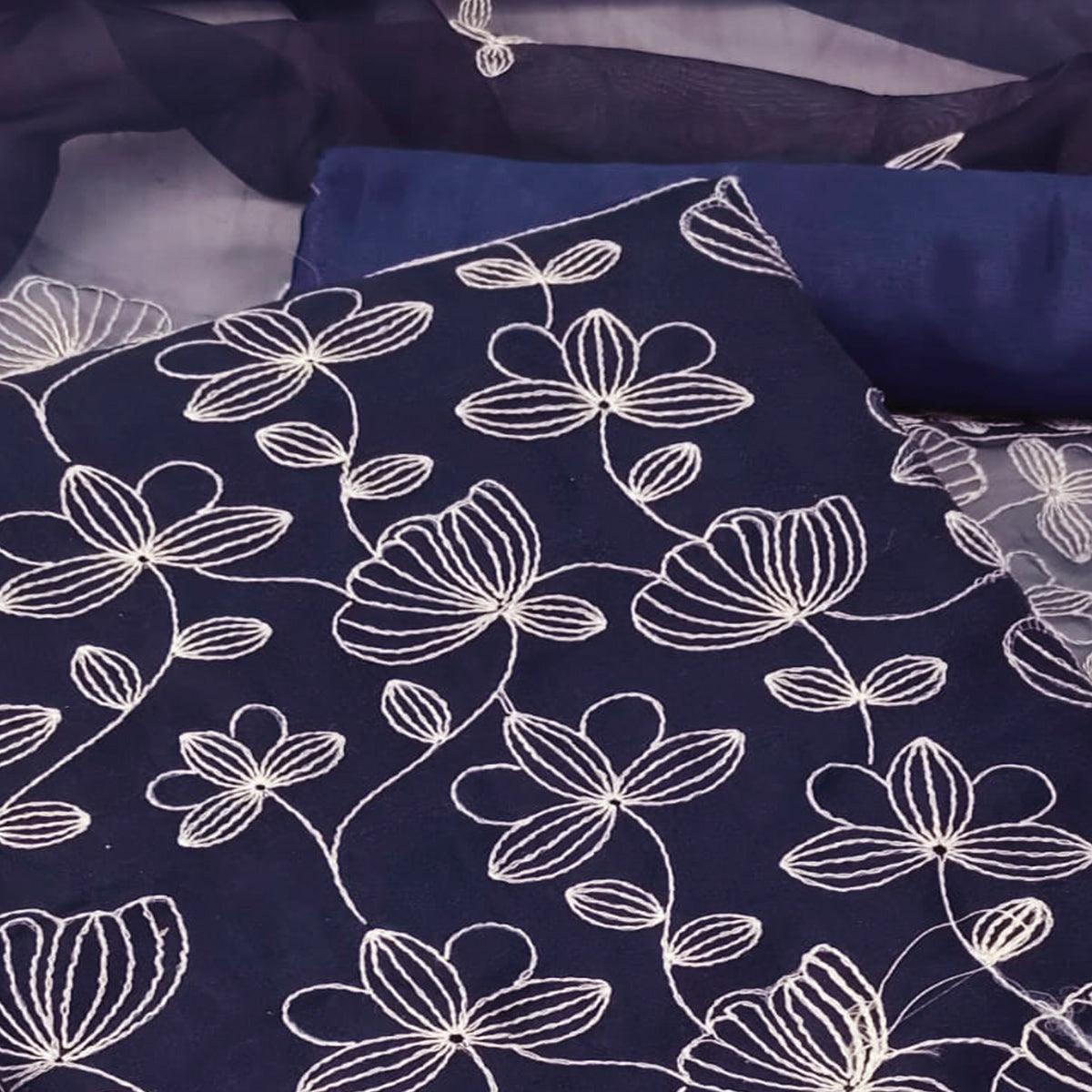 Navy Blue Floral Embroidered Organza Dress Material