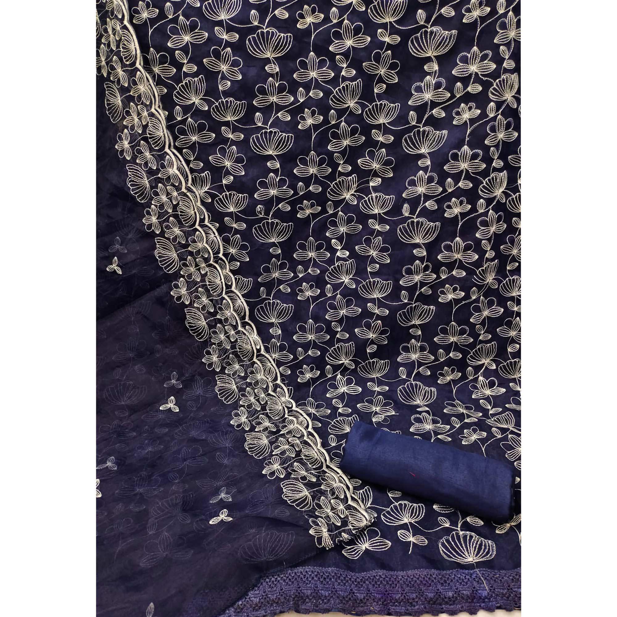 Navy Blue Floral Embroidered Organza Dress Material