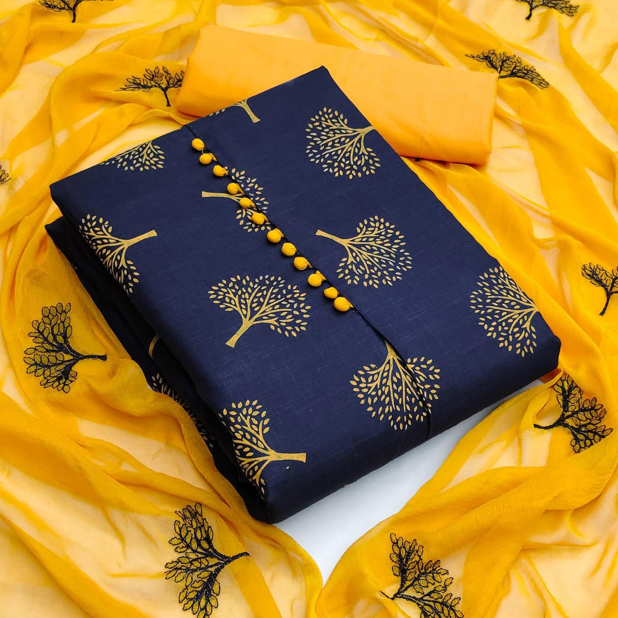 Navy Blue Printed Cotton Blend Dress Material