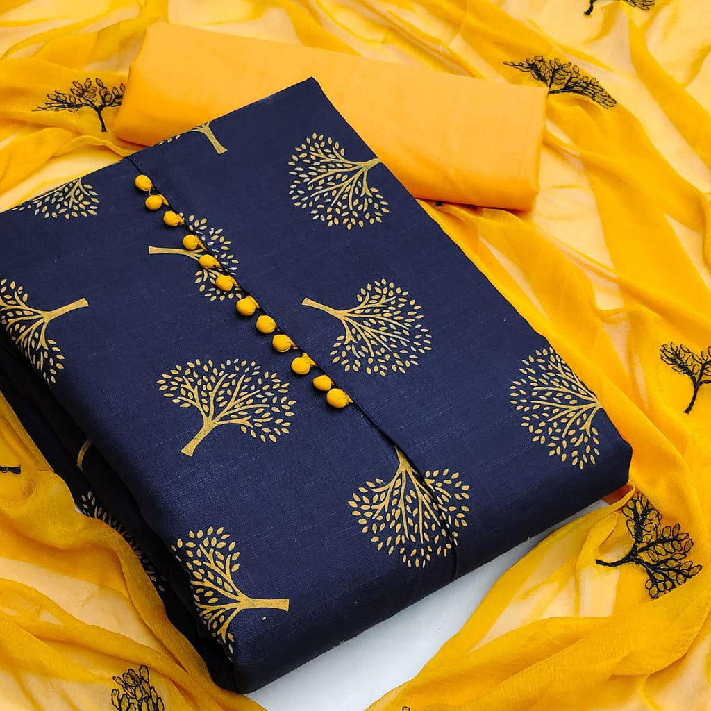 Navy Blue Printed Cotton Blend Dress Material