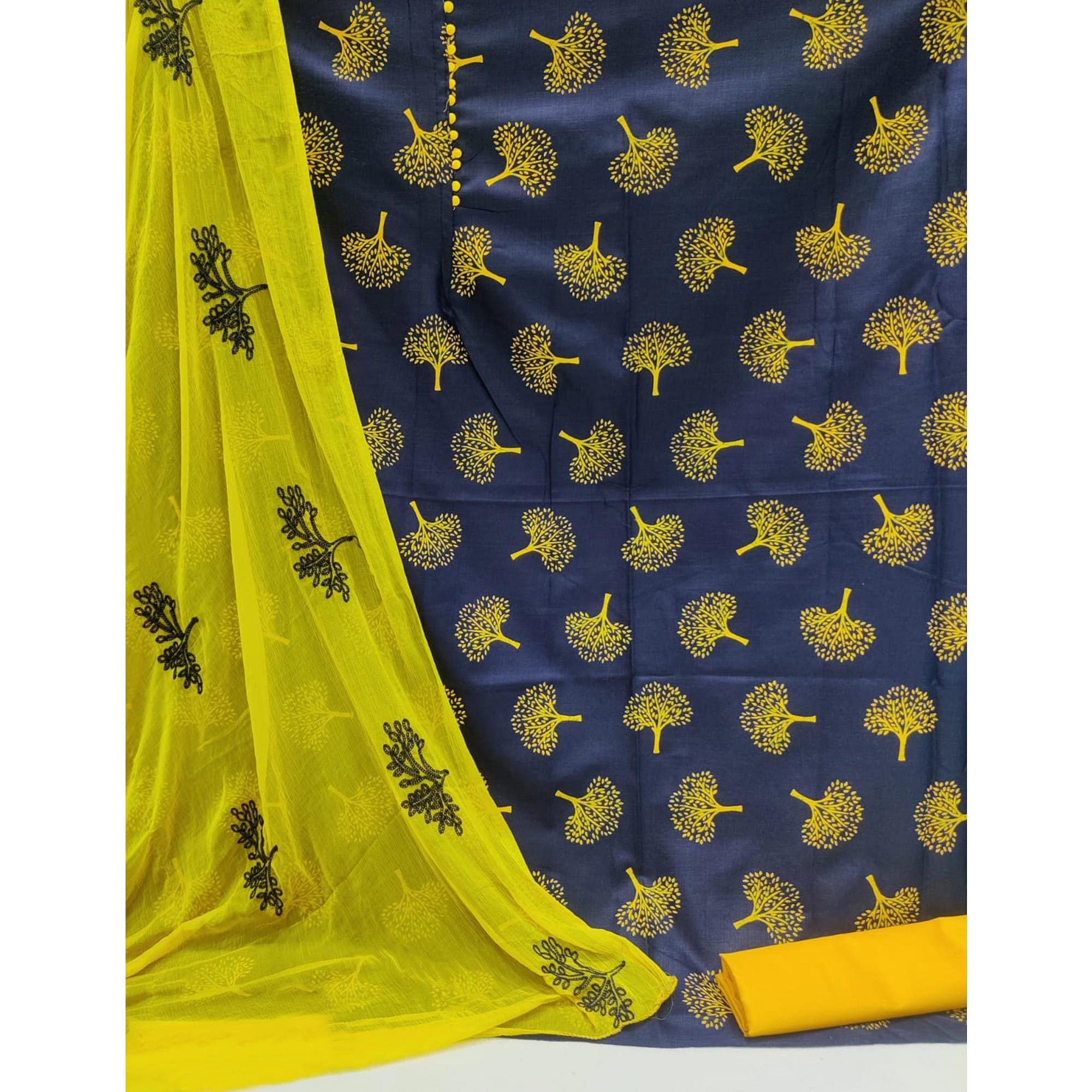 Navy Blue Printed Cotton Blend Dress Material