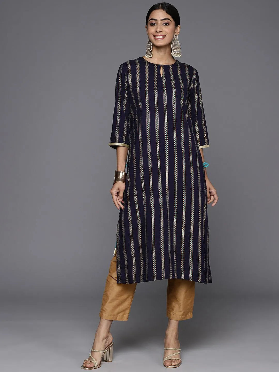 Navy Blue Printed Rayon Straight Kurta - Libas