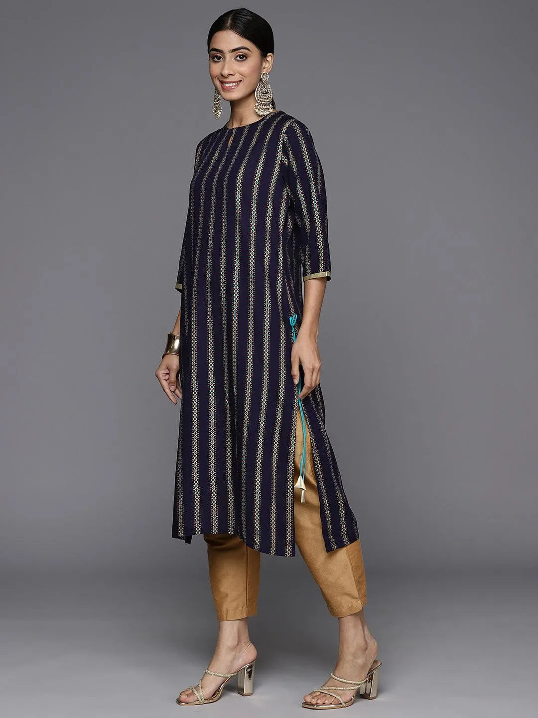 Navy Blue Printed Rayon Straight Kurta - Libas