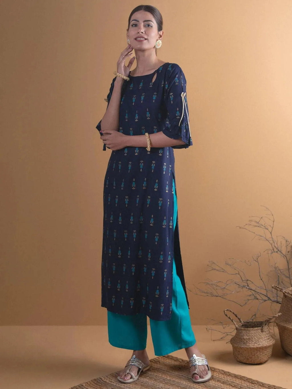 Navy Blue Printed Rayon Straight Kurta - Libas