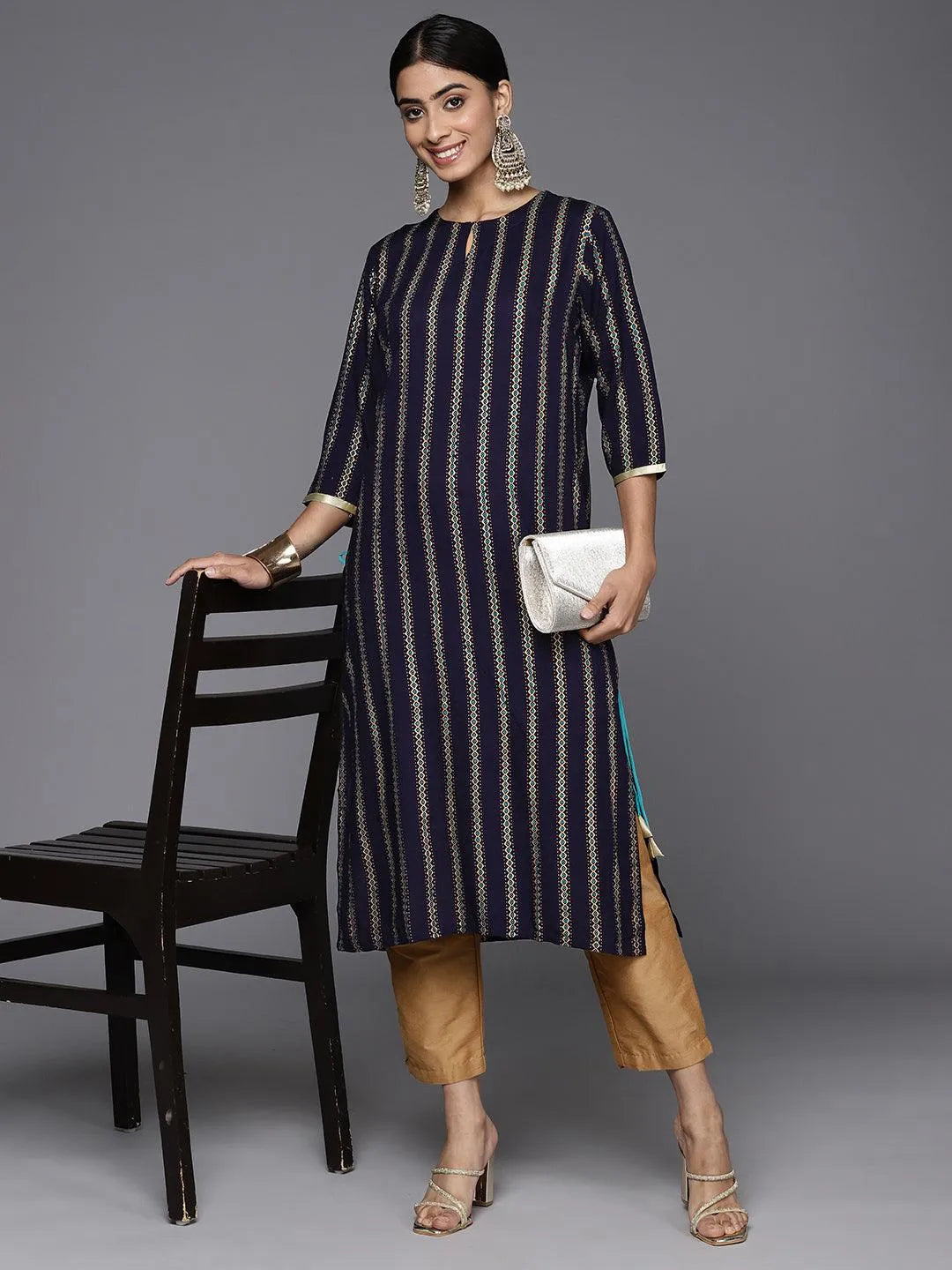 Navy Blue Printed Rayon Straight Kurta - Libas