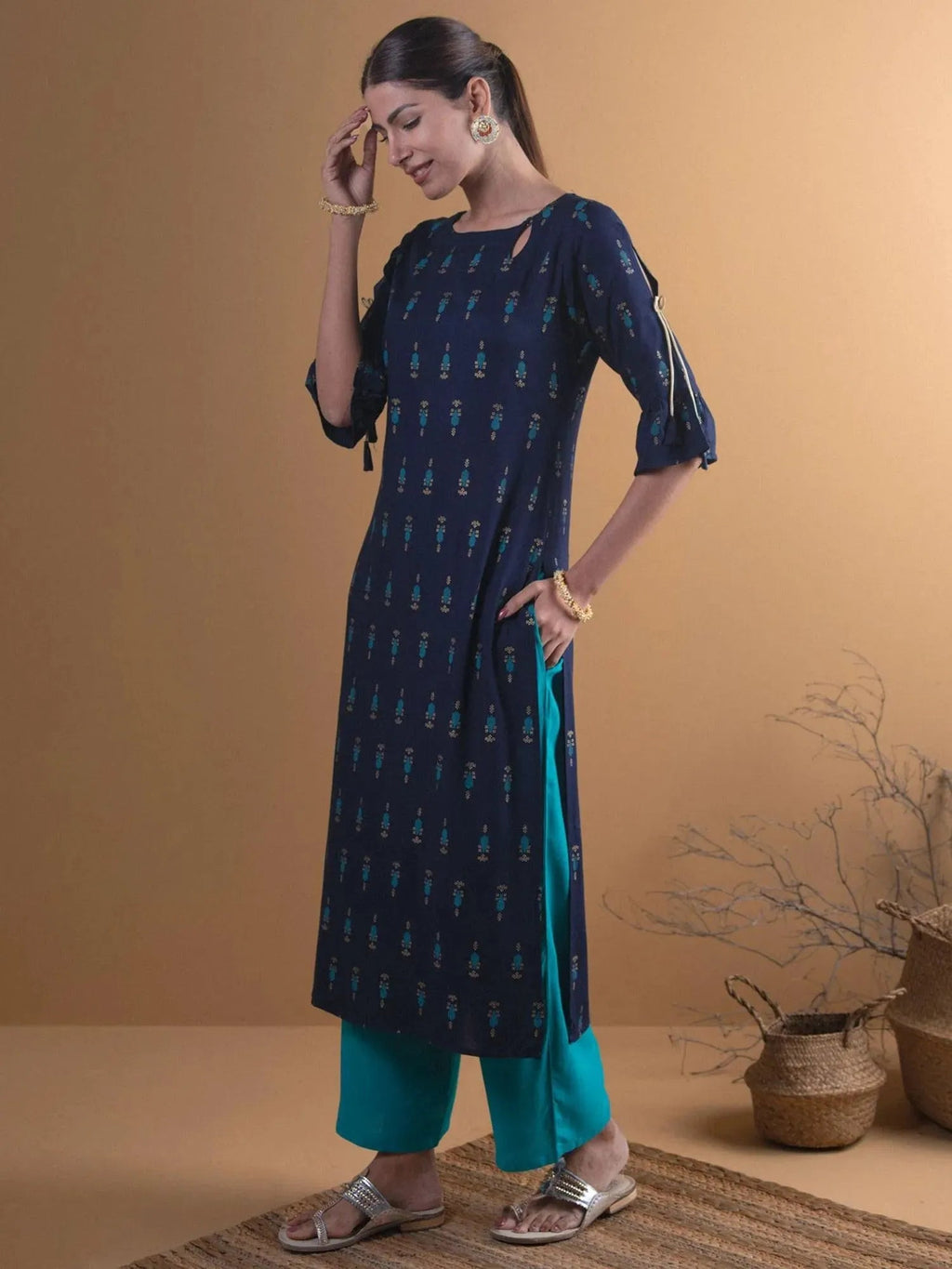 Navy Blue Printed Rayon Straight Kurta - Libas