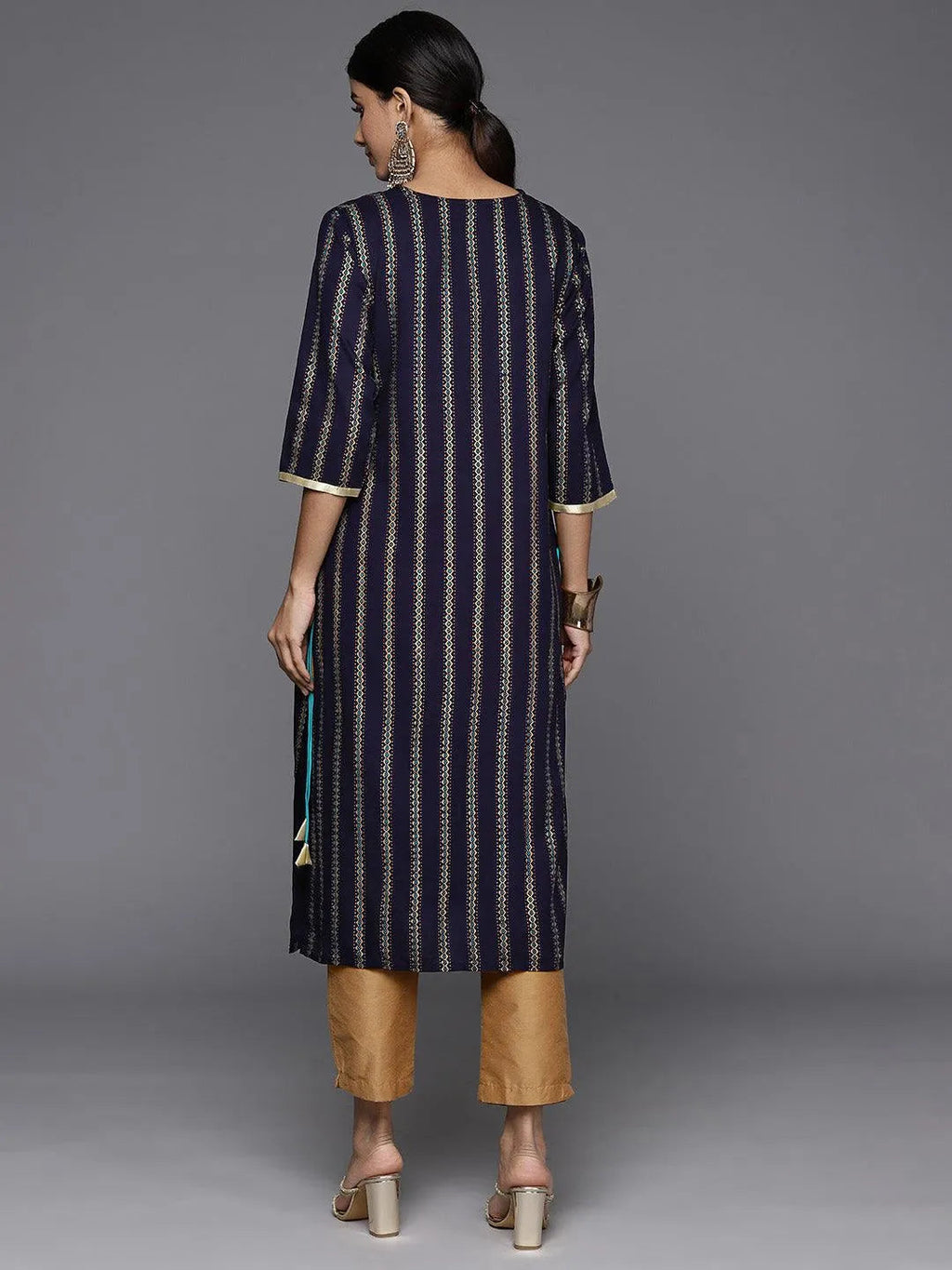 Navy Blue Printed Rayon Straight Kurta - Libas