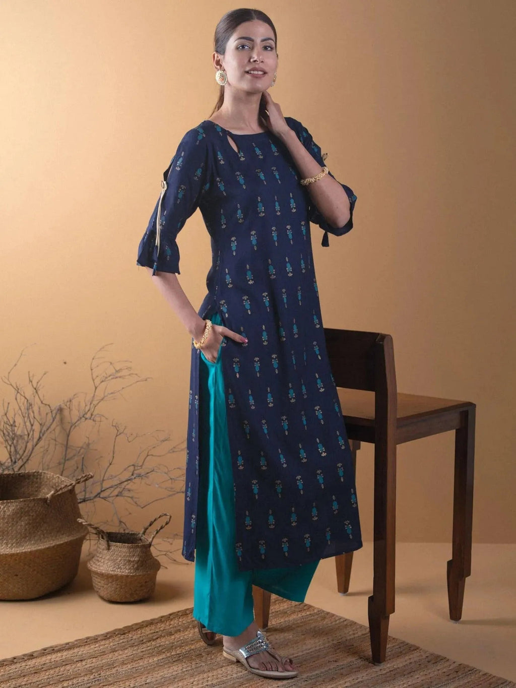 Navy Blue Printed Rayon Straight Kurta - Libas