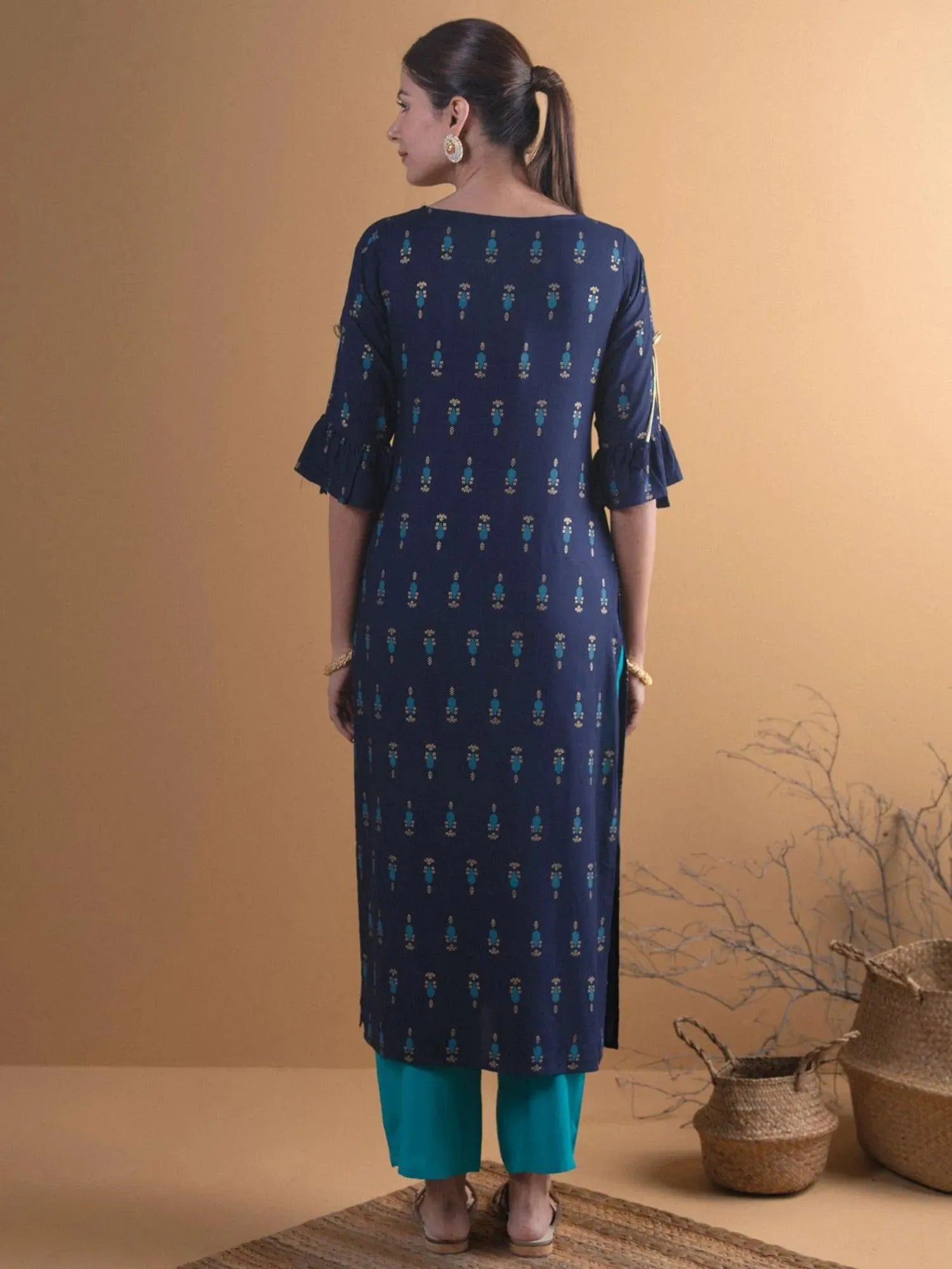 Navy Blue Printed Rayon Straight Kurta - Libas