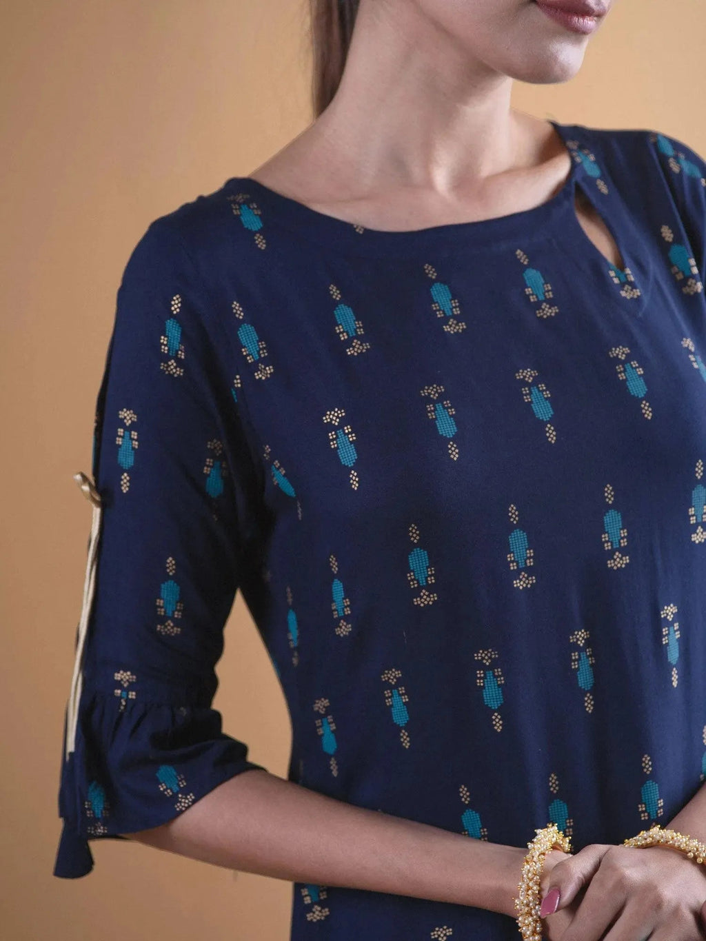 Navy Blue Printed Rayon Straight Kurta - Libas