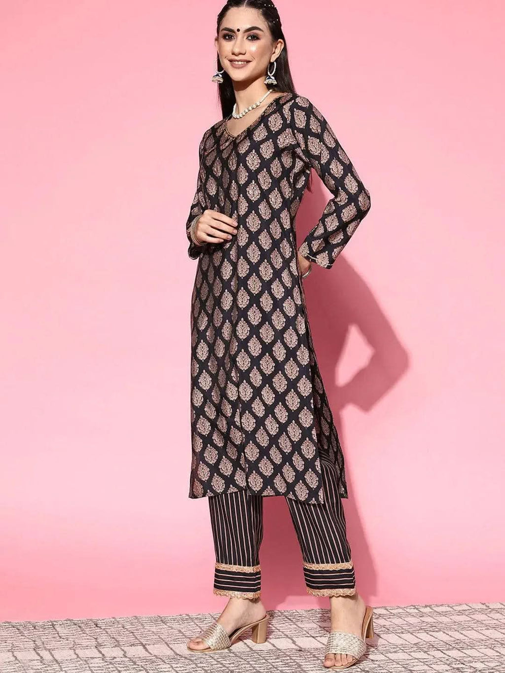 Navy Blue Printed Silk Blend Straight Kurta With Palazzos & Dupatta