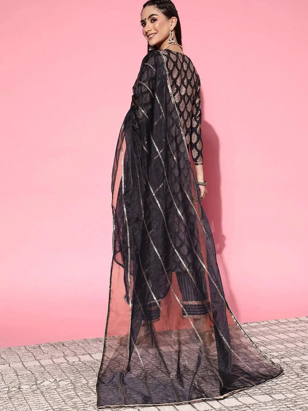 Navy Blue Printed Silk Blend Straight Kurta With Palazzos & Dupatta