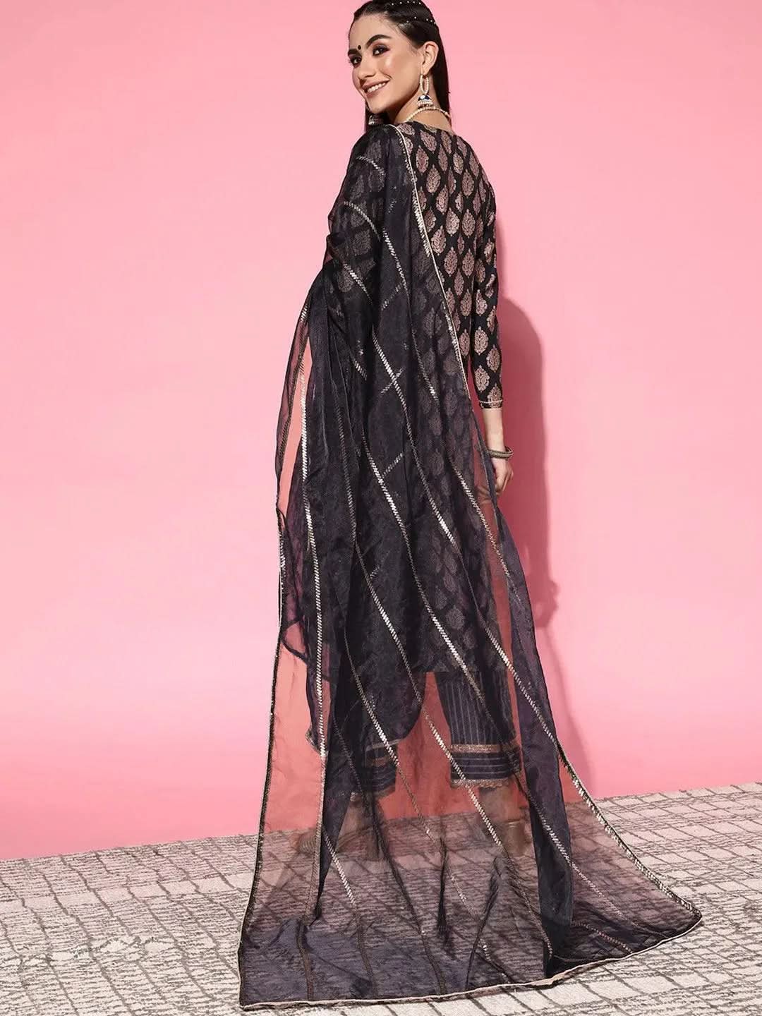 Navy Blue Printed Silk Blend Straight Kurta With Palazzos & Dupatta