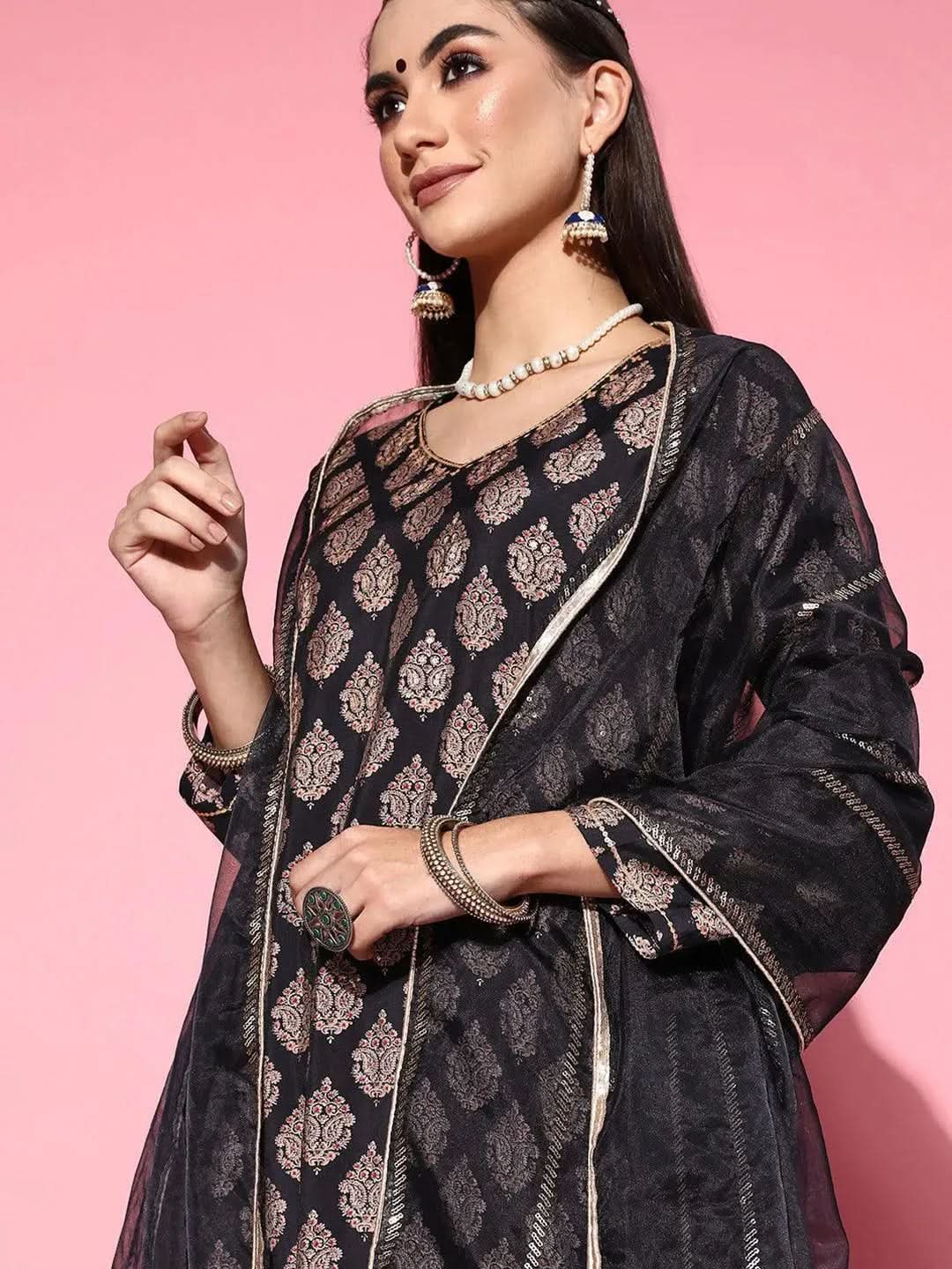 Navy Blue Printed Silk Blend Straight Kurta With Palazzos & Dupatta