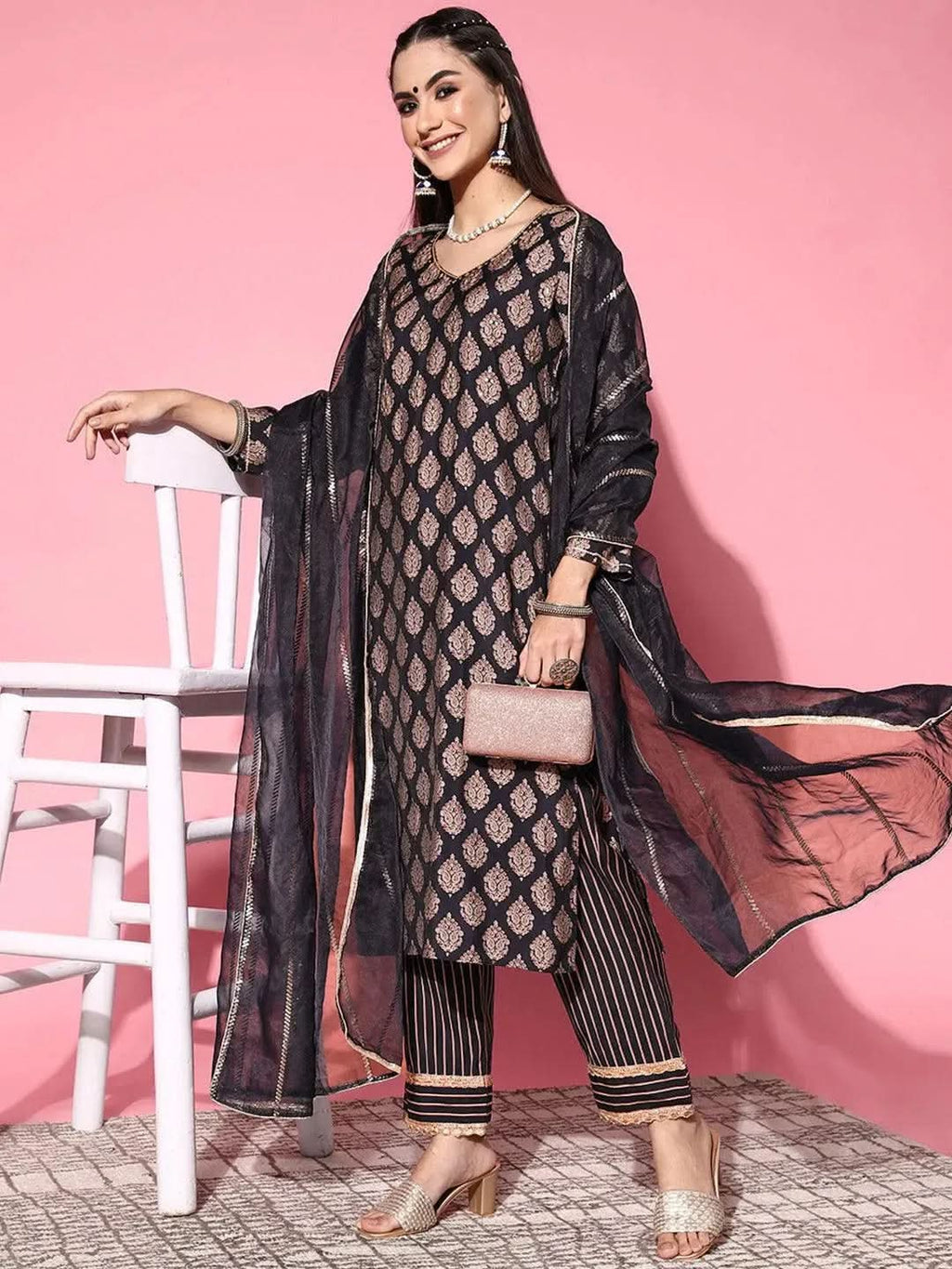 Navy Blue Printed Silk Blend Straight Kurta With Palazzos & Dupatta
