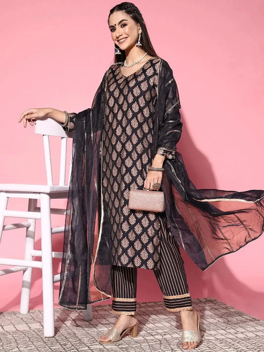 Navy Blue Printed Silk Blend Straight Kurta With Palazzos & Dupatta
