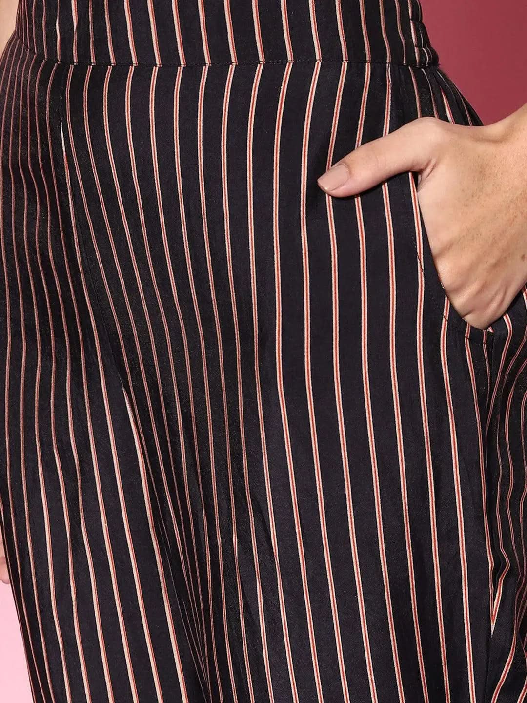 Navy Blue Printed Silk Blend Straight Kurta With Palazzos & Dupatta