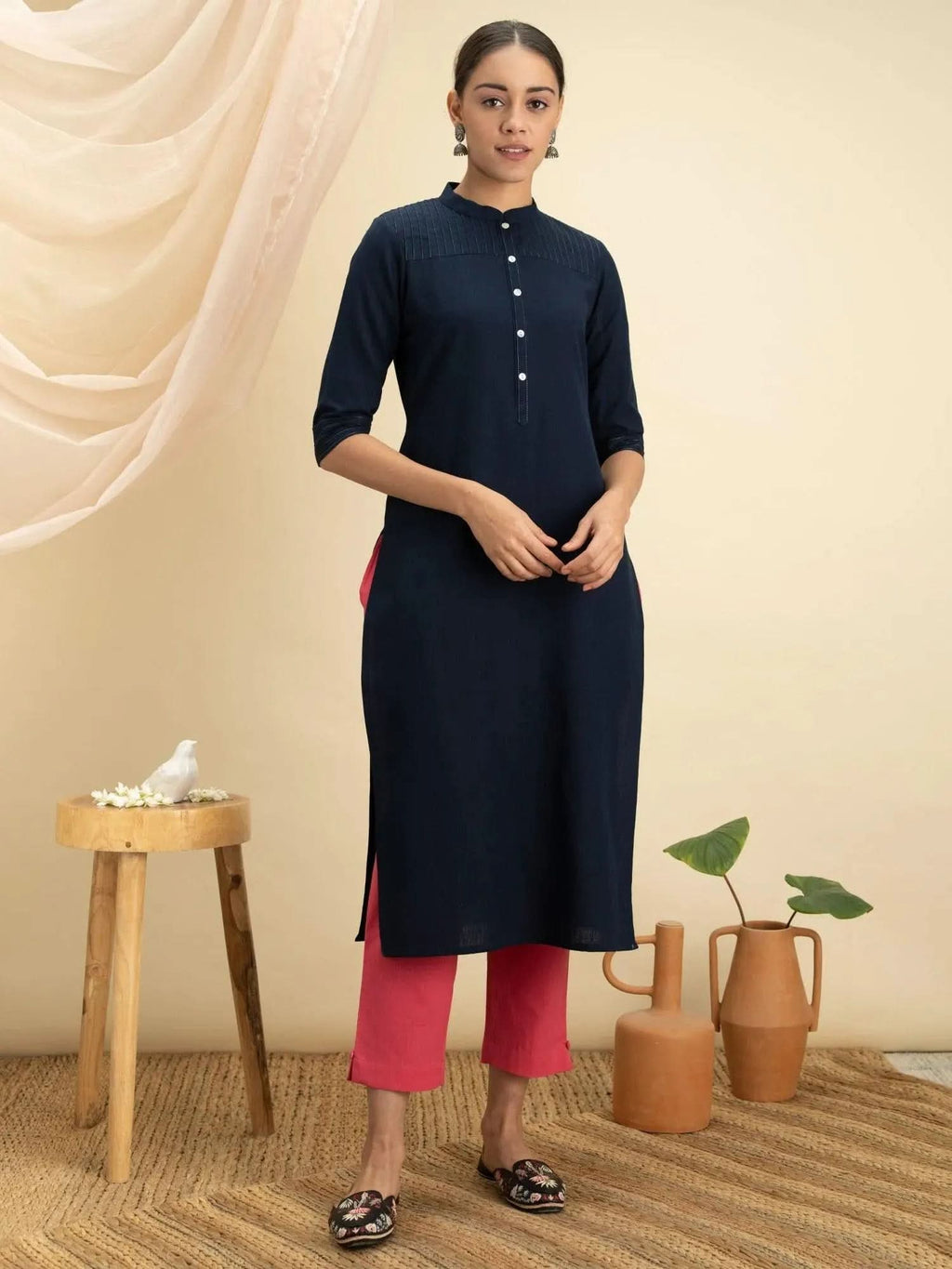 Navy Blue Solid Cotton Kurta - Libas