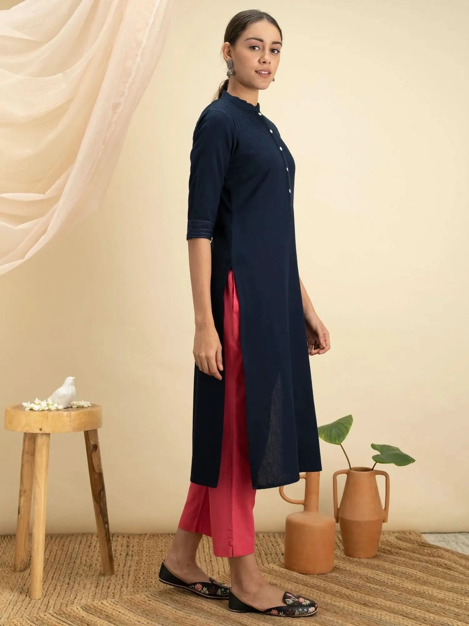 Navy Blue Solid Cotton Kurta - Libas