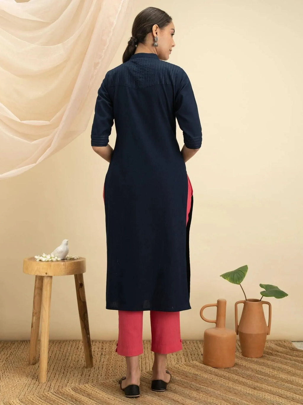 Navy Blue Solid Cotton Kurta - Libas