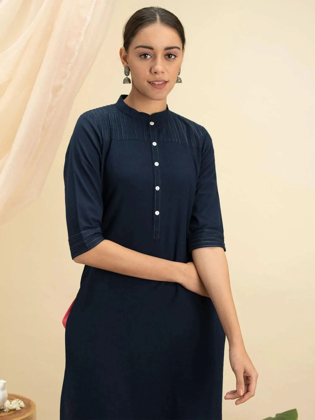 Navy Blue Solid Cotton Kurta - Libas