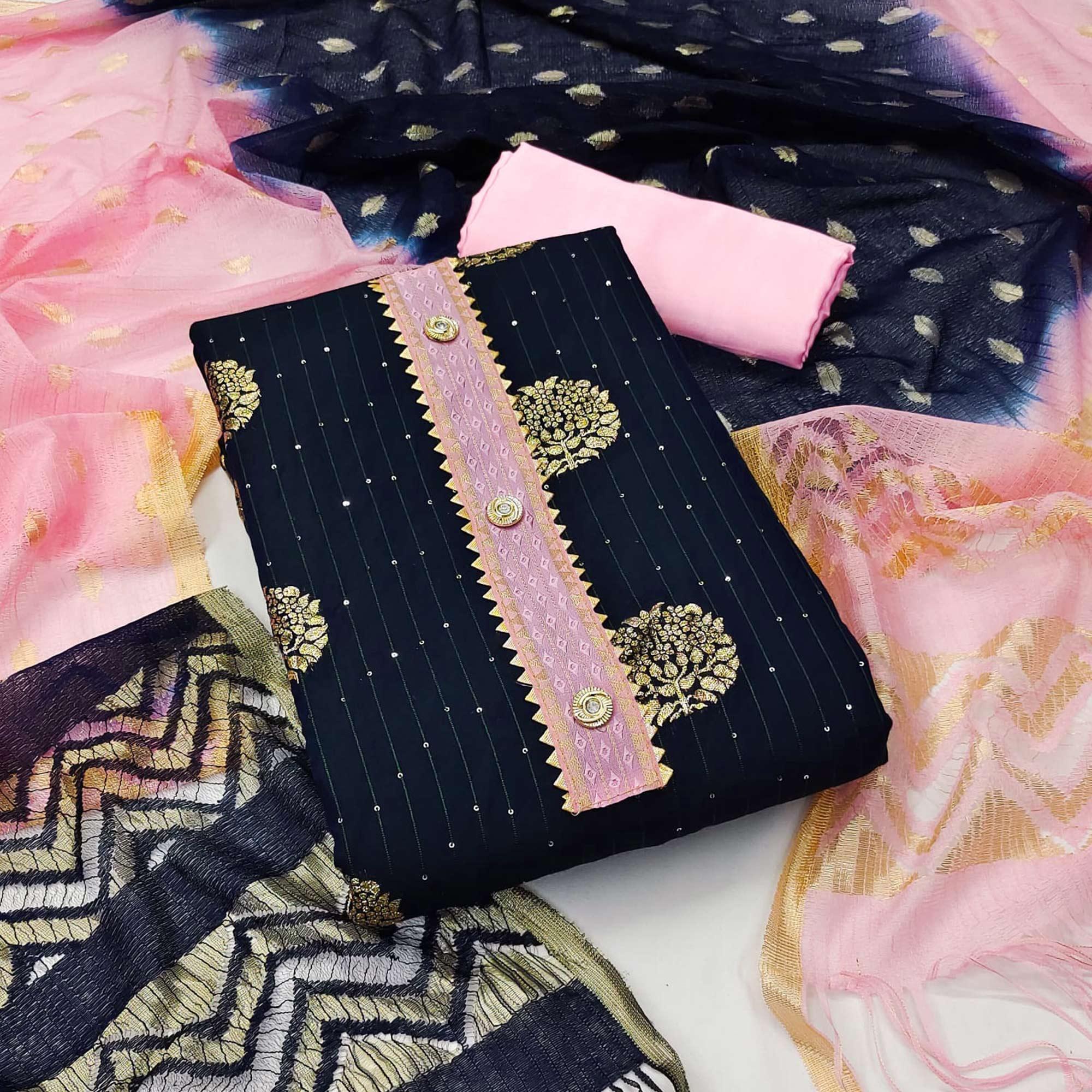 Navy Blue Woven Jacquard Dress Material