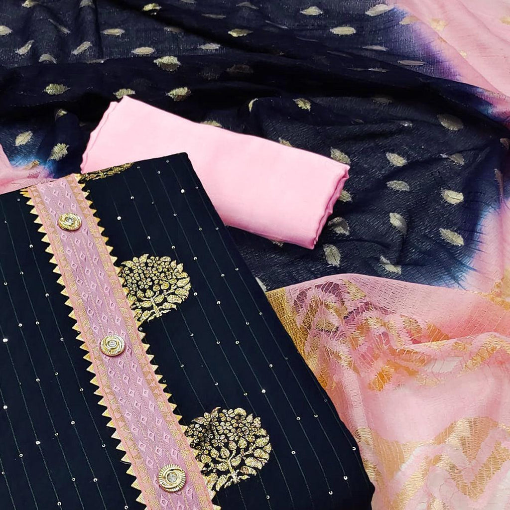 Navy Blue Woven Jacquard Dress Material