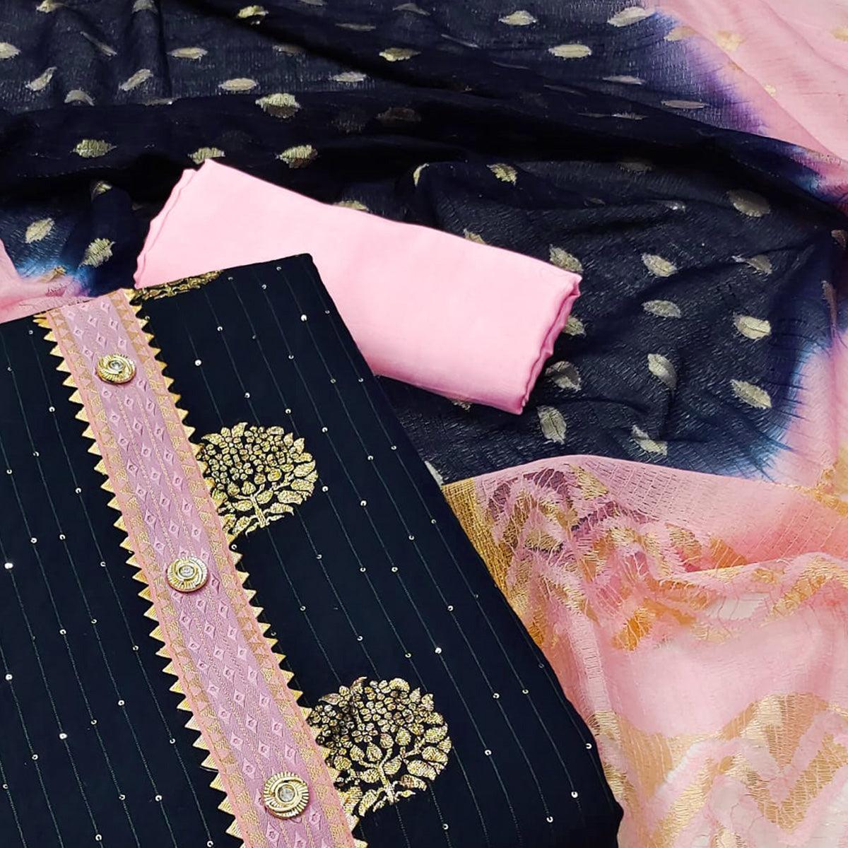 Navy Blue Woven Jacquard Dress Material