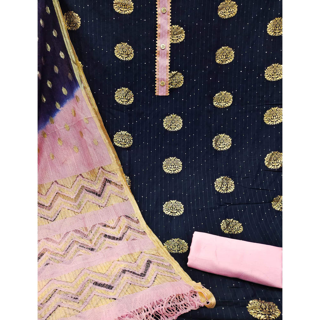 Navy Blue Woven Jacquard Dress Material