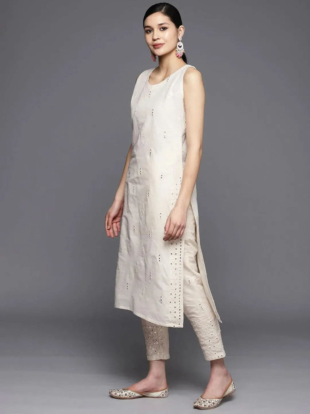 Off-White Embroidered Cotton Straight Kurta With Trousers & Dupatta