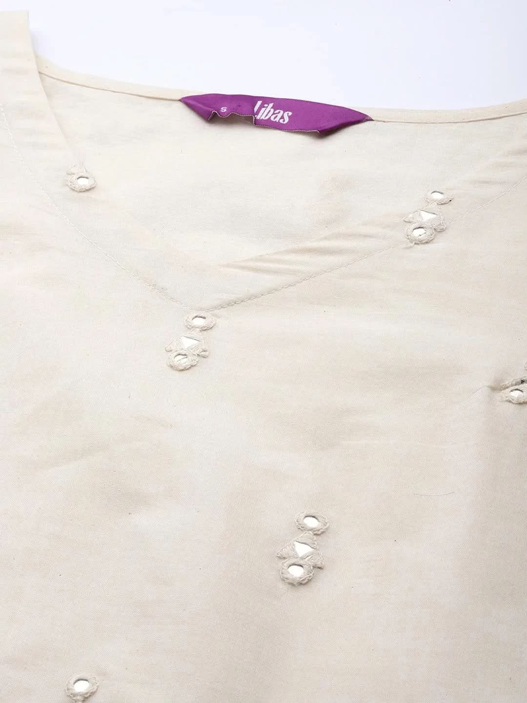 Off-White Embroidered Cotton Straight Kurta With Trousers & Dupatta