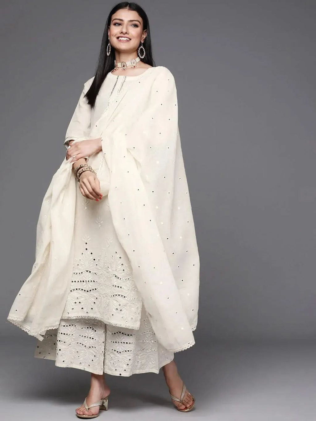Off-White Embroidered Cotton Straight Kurta With Palazzos & Dupatta