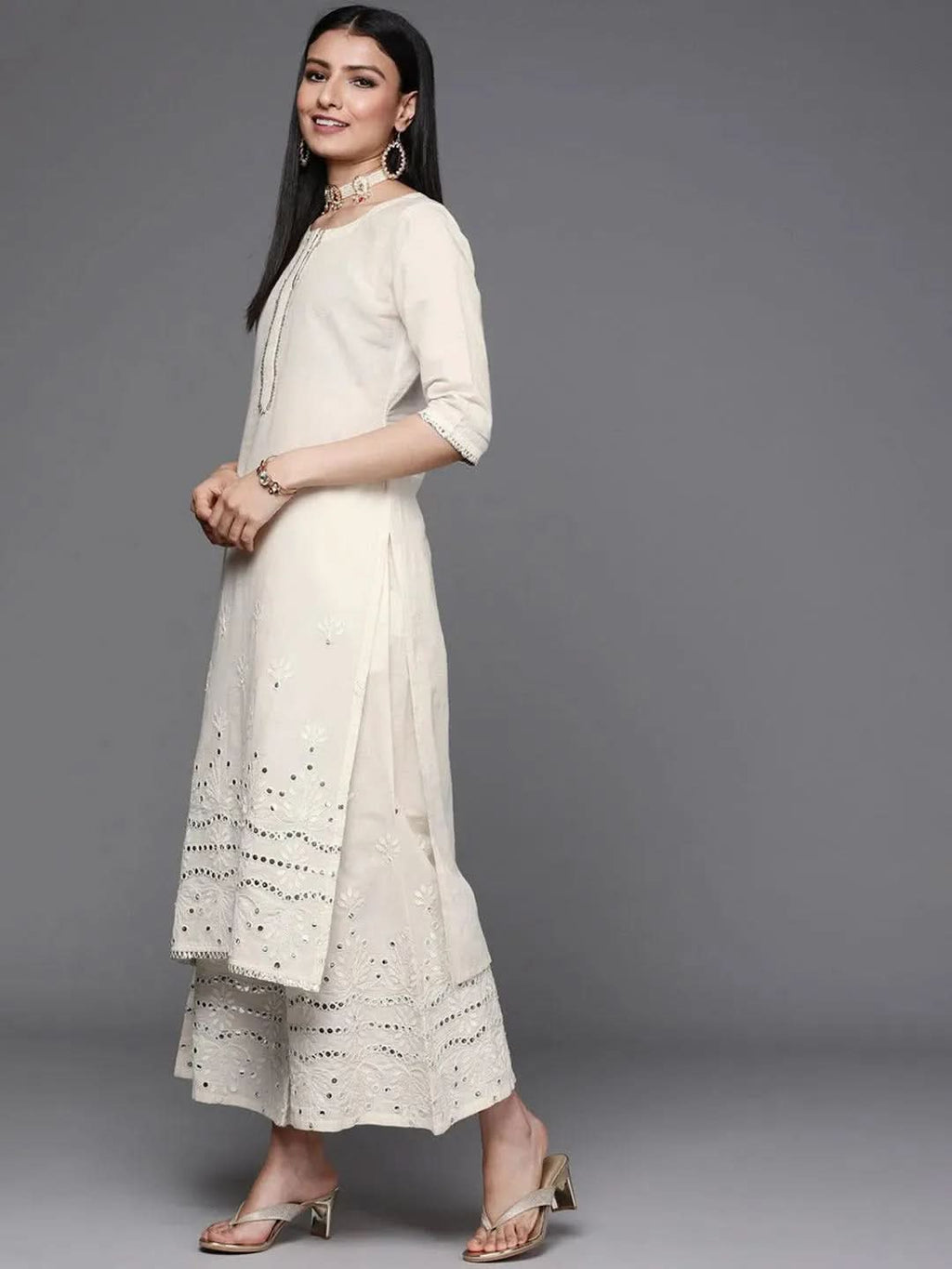 Off-White Embroidered Cotton Straight Kurta With Palazzos & Dupatta