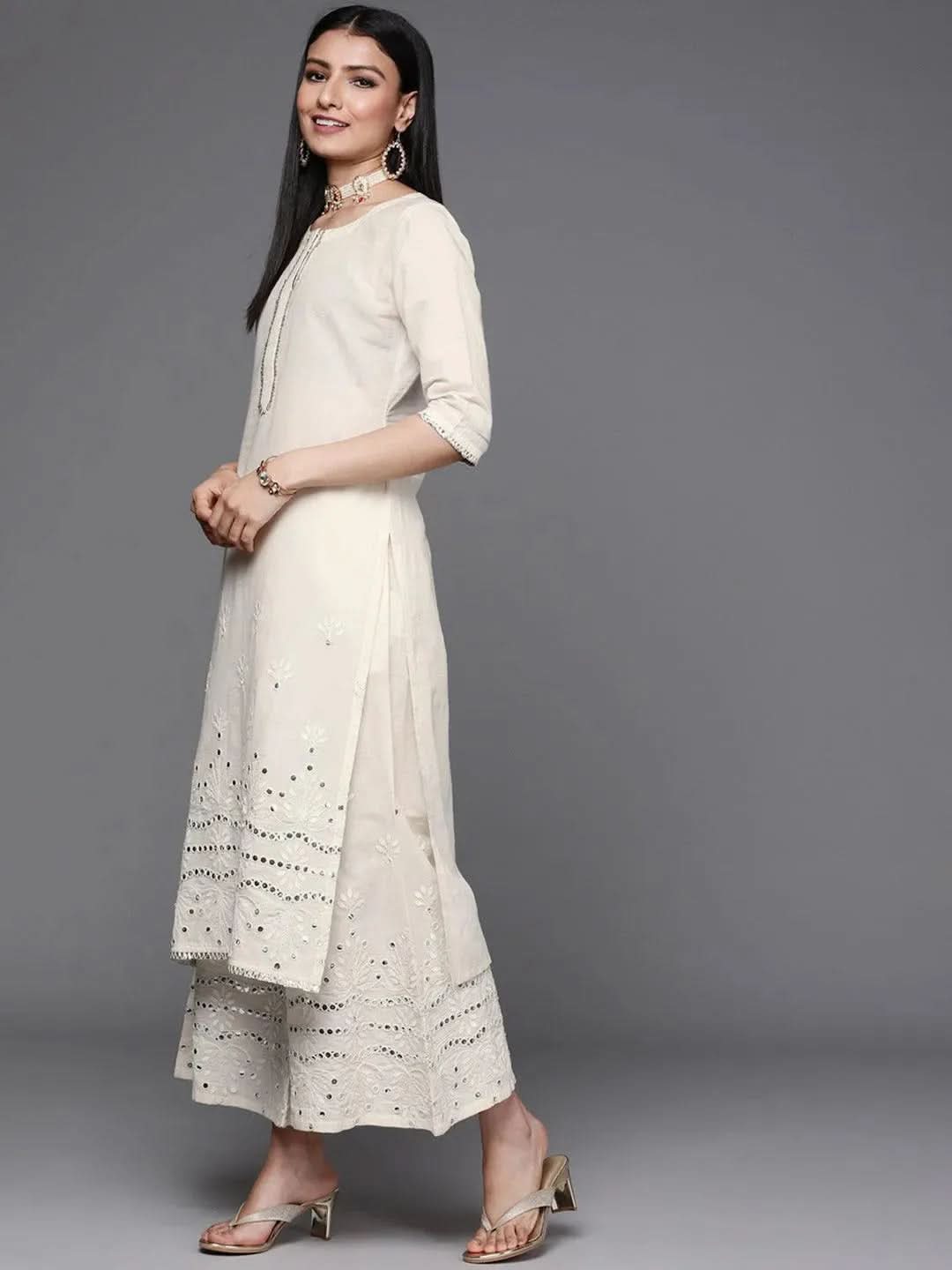 Off-White Embroidered Cotton Straight Kurta With Palazzos & Dupatta