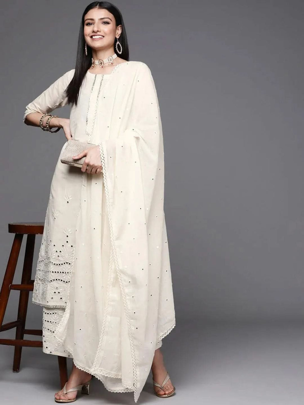 Off-White Embroidered Cotton Straight Kurta With Palazzos & Dupatta