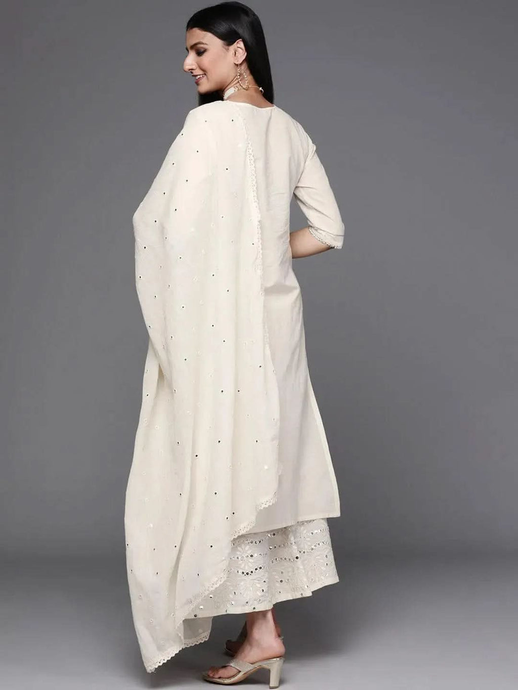 Off-White Embroidered Cotton Straight Kurta With Palazzos & Dupatta