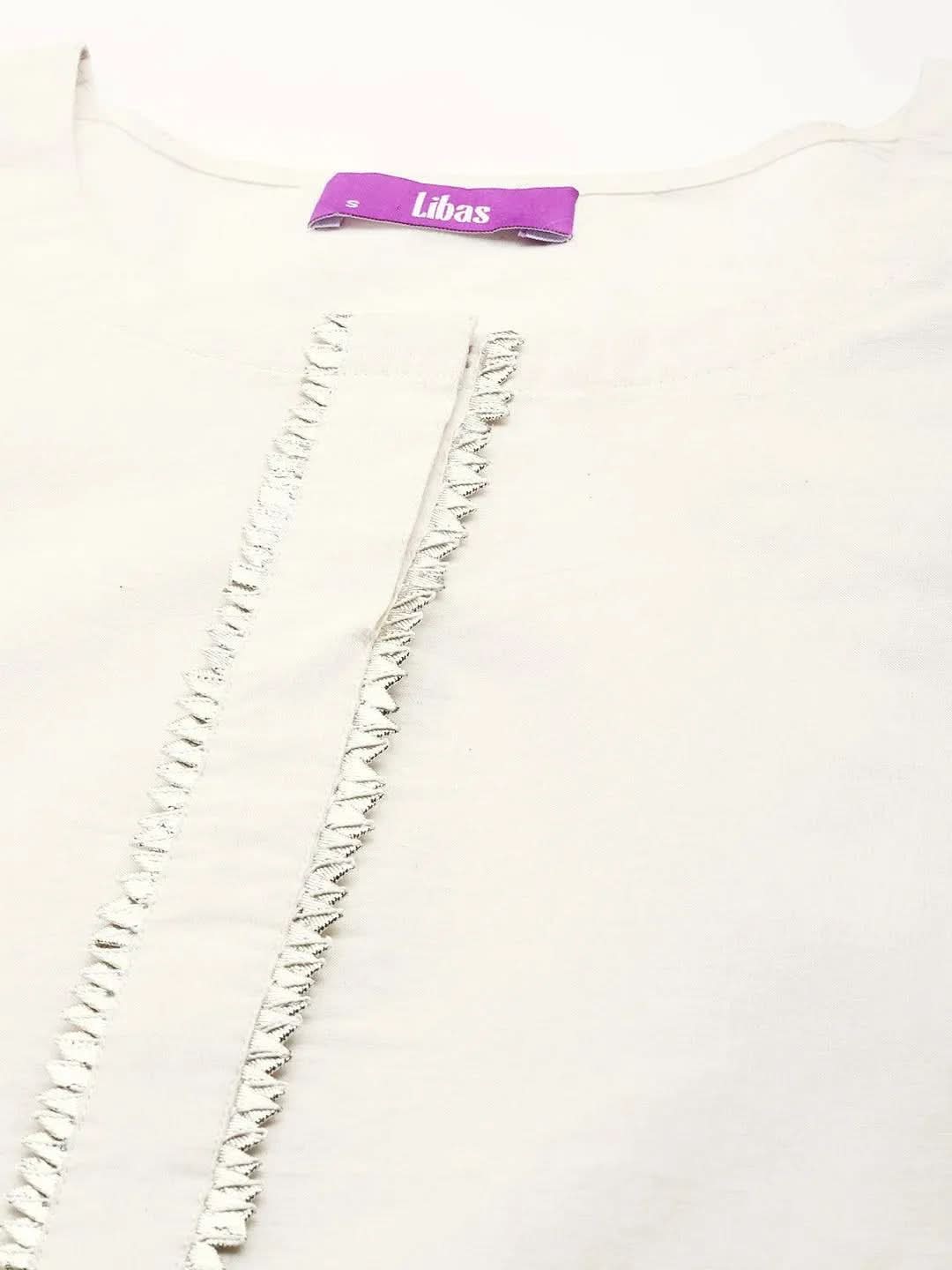 Off-White Embroidered Cotton Straight Kurta With Palazzos & Dupatta