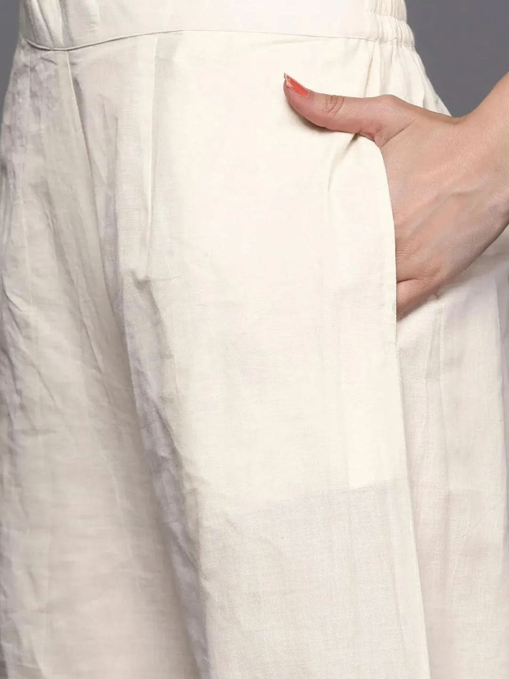 Off-White Embroidered Cotton Straight Kurta With Palazzos & Dupatta