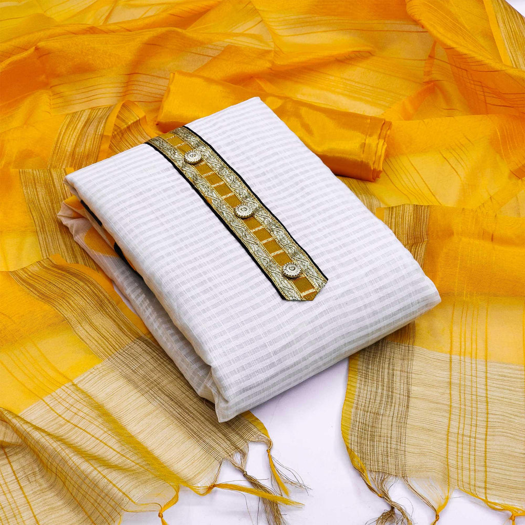 Off-White Festive Wear Woven Banarasi Silk Jacquard Dress Material