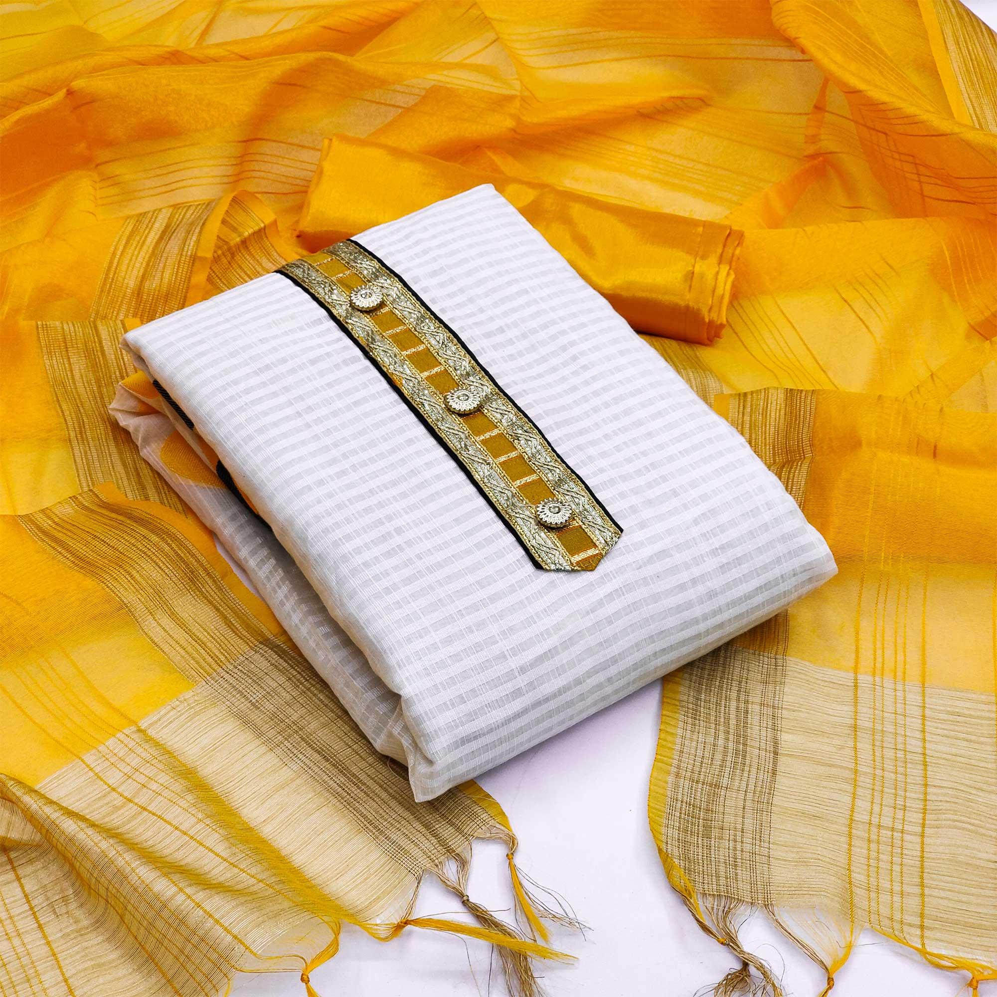 Off-White Festive Wear Woven Banarasi Silk Jacquard Dress Material