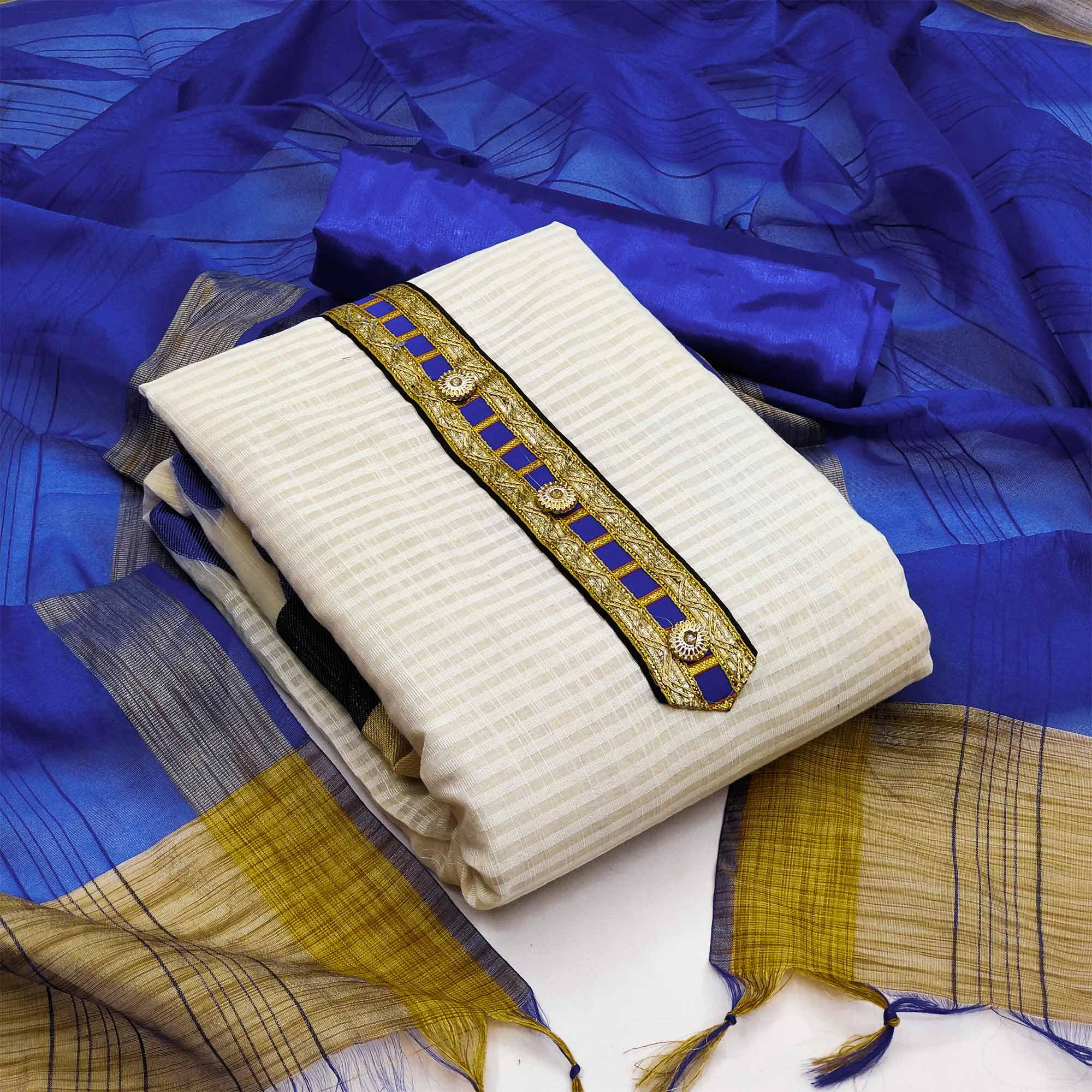 Off-White Festive Wear Woven Banarasi Silk Jacquard Dress Material