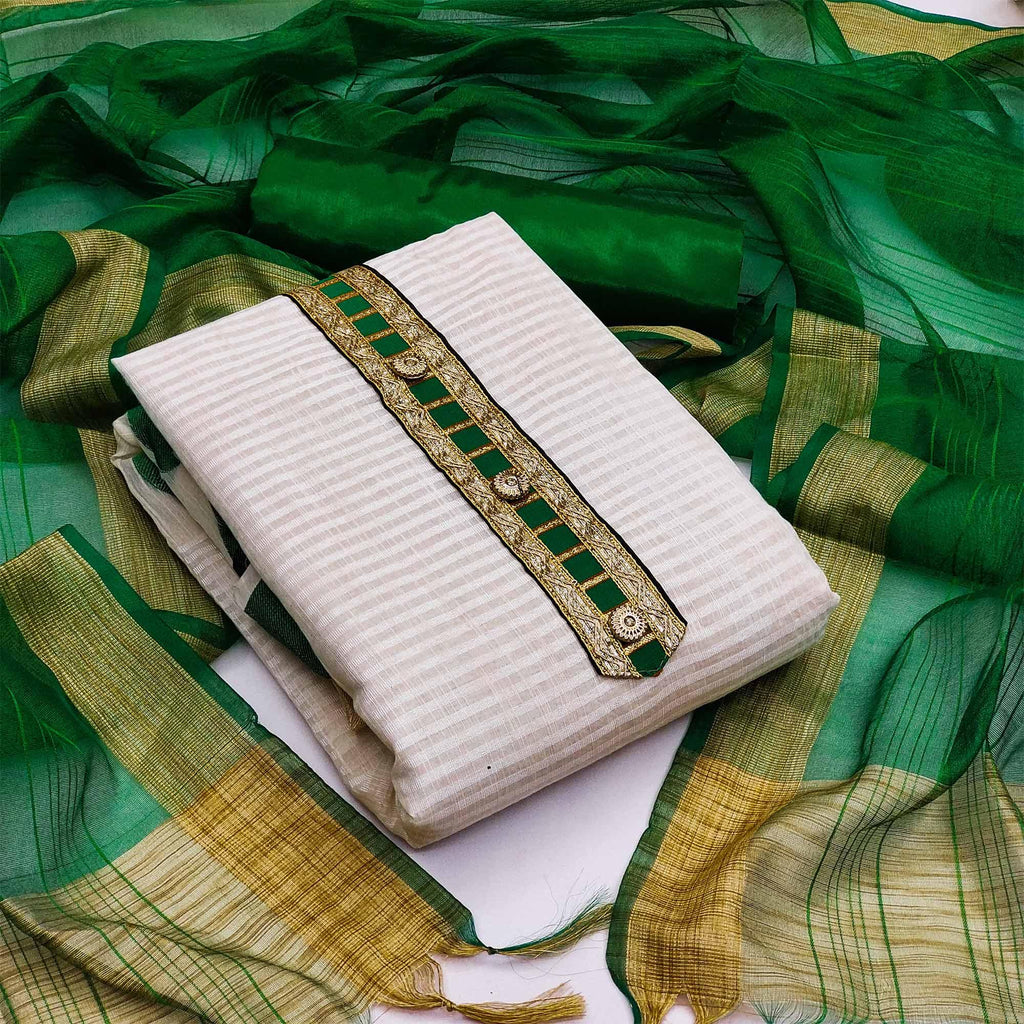 Off-White Festive Wear Woven Banarasi Silk Jacquard Dress Material