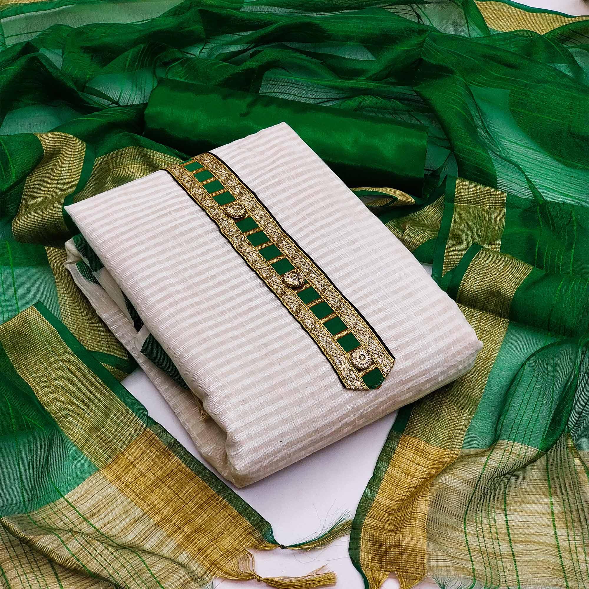 Off-White Festive Wear Woven Banarasi Silk Jacquard Dress Material