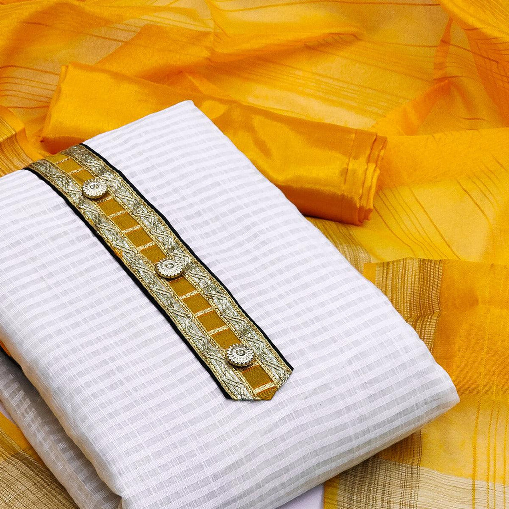 Off-White Festive Wear Woven Banarasi Silk Jacquard Dress Material