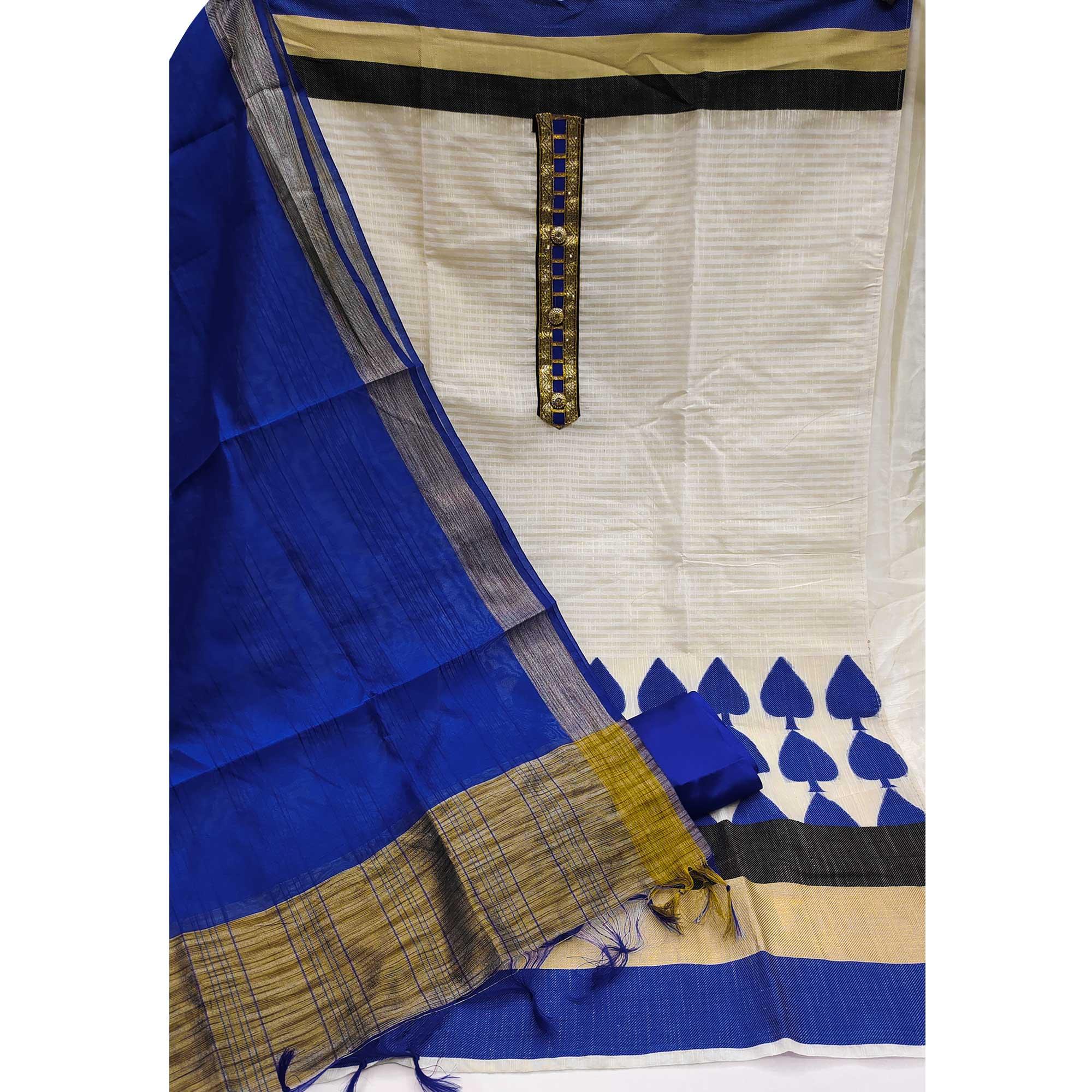 Off-White Festive Wear Woven Banarasi Silk Jacquard Dress Material
