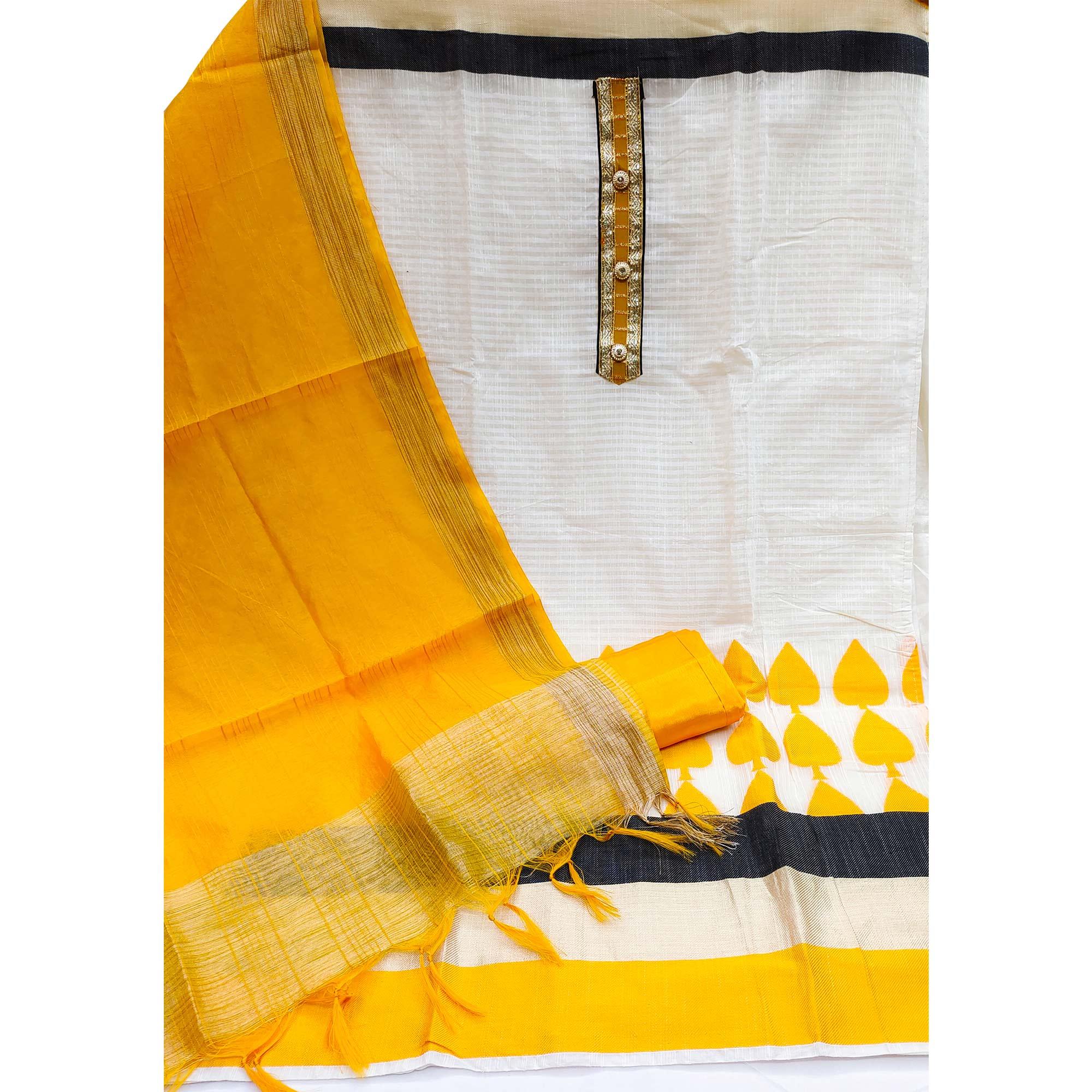 Off-White Festive Wear Woven Banarasi Silk Jacquard Dress Material