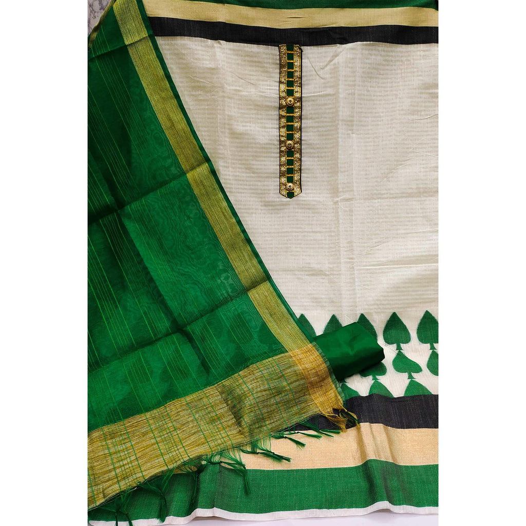 Off-White Festive Wear Woven Banarasi Silk Jacquard Dress Material