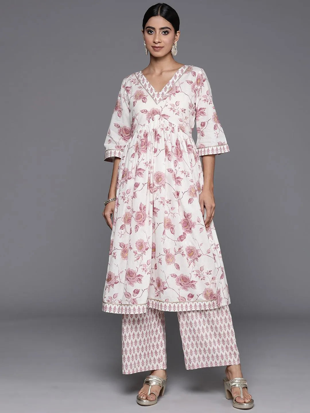 Off White Printed Cotton Anarkali Kurta Set