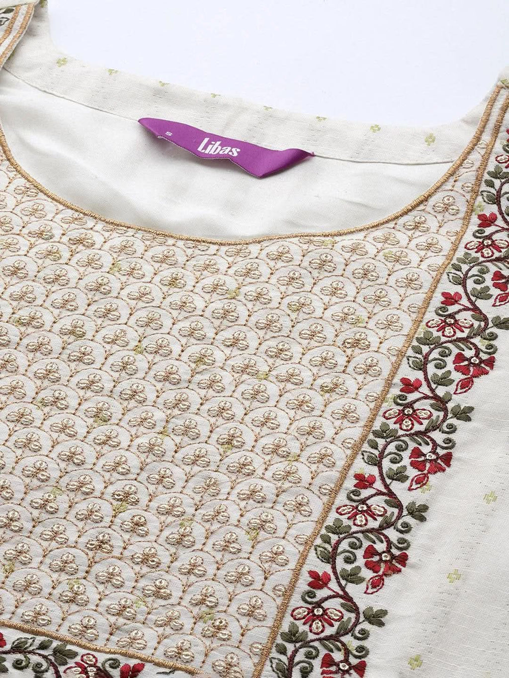 Off-White Yoke Design Cotton Straight Kurta With Trousers & Dupatta